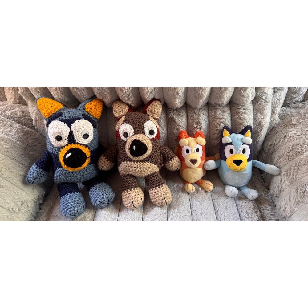 4 Bluey & Bingo plush; 2 are handmade crocheted!